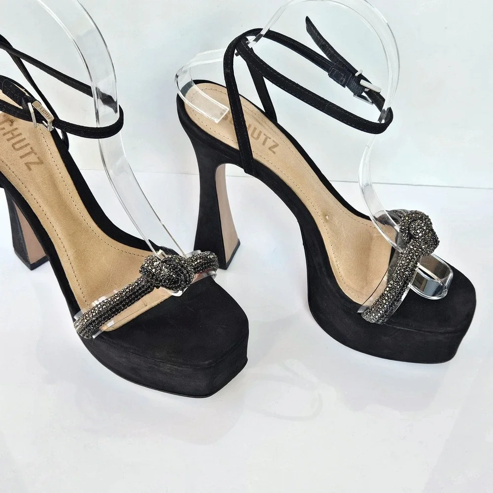 Schutz Peaky Black Suede Rhinestone Transparent Platform Sandal Heels Womens 7.5